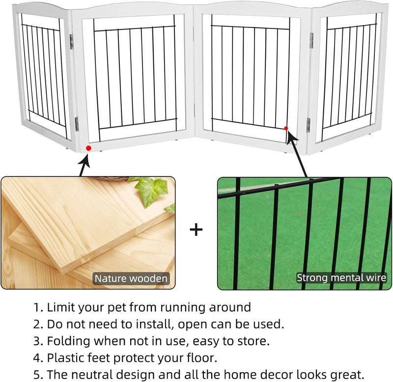 ZJSF Freestanding Foldable Dog Gate for House Extra Wide Wooden White Indoor Puppy Gate Stairs Dog Gates Doorways Tall Pet Gate 4 Panels Fence - Image 5